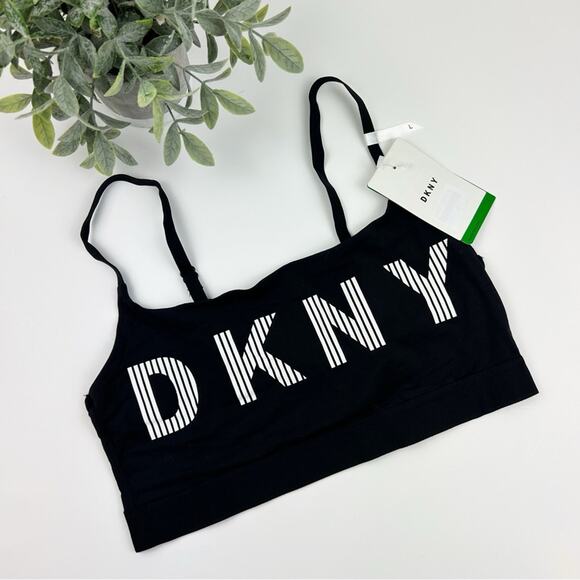DKNY Cotton Blend Logo Wire-Free Bralette DK4509 Black Stripe Logo Size Large - Picture 1 of 2